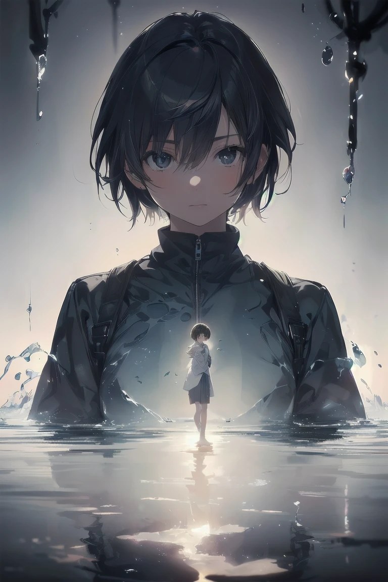 ((Double exposure image, Highest quality, Shinkai Makoto style,Very detailed,High resolution,Very detailedCG,unity 8k wallpaper, By famous artists, Perfect Anatomy, Very detailed肌, Cinema Lighting, 超High resolution, retina, Anatomically correct, 1080P)),break,(Combine a girl and a puddle to create a double exposure.
:1.3),break, One girl, (alone, face,:1.5),, The charm of androgyny, (Very short hair), Complete limbs, Full Finger,Flat Chest, Small Ass, between legs, Beautiful and exquisite black eyes, Disgusted Eyes, , skirt,(Detailed lighting), (Detailed Background),(Double exposure:1.1)