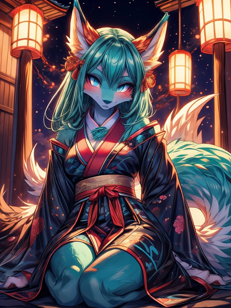 Miku Hatsune x vixen, hocivo de zorra high definition good anatomy agregar_detalle:1, pelaje azul,Orejas de Kitsune, tribal tattoo agregar_detalle:1, cute girl agregar_detalle:1, feudal priestess clothing agregar_detalle:1, japanese shrine landscape agregar_detalle:1, japanese shrine costume agregar_detalle:1, agregar_detalle:1, fullbody descalza agregar_detalle, highly detalleed face, deep aqua iris agregar_detalle:1 lighting eyes agregar_detalle:1, wild slut agregar_detalle:1, matsuri japones de fondo, fuegos artificiales en el cielo, glowing hair add_detail, glowing body add_detail, kitsune godness sendual and traditional kimono costume