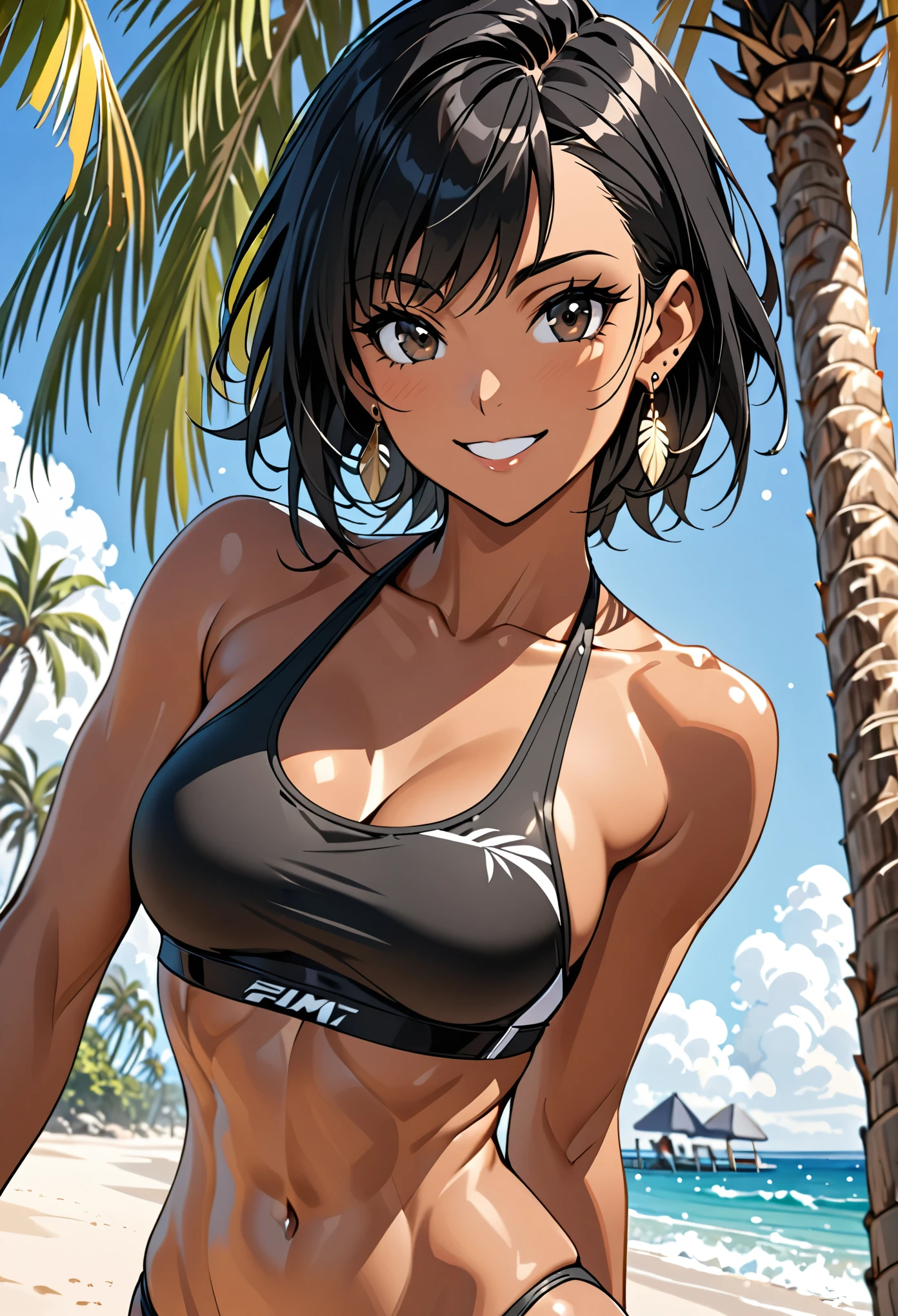 solo female, short black hair, beach, day, fit, medium breasts, smile, close up, abs, black eyes, earring, swimsuit, tan skin, close up, palm tree