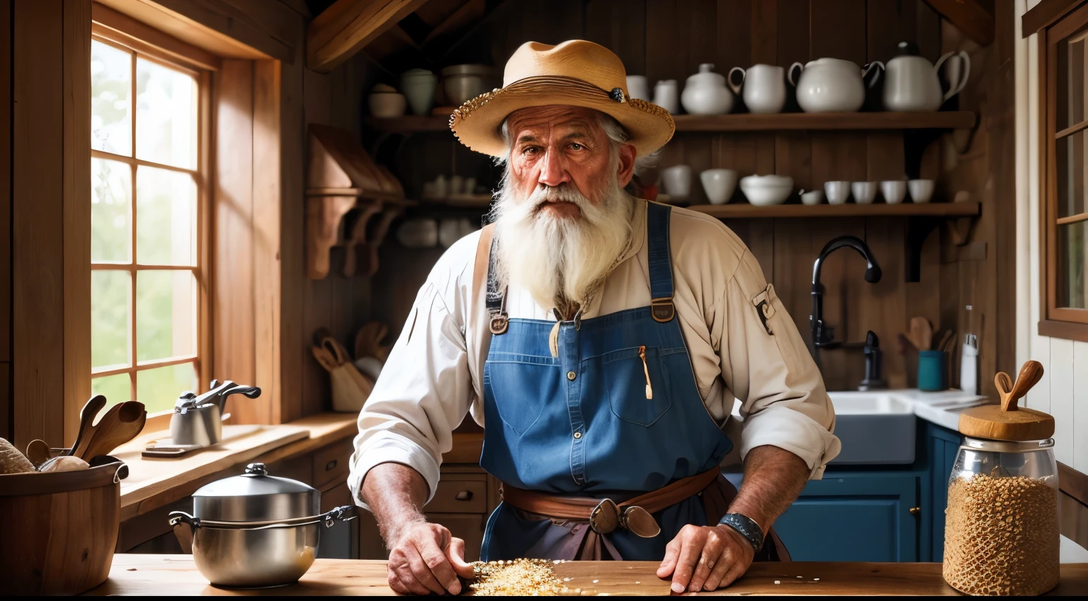 o velho pescador, old ancient man, aged 50, kind, with rustic hat, in a wooden kitchen, with seasonings, coriander, mostarda, barba, country clothing, banjo, spices, antique photo, oldwest, chef, large environment, rich in detail, black andwhite, faucet, large table, codiments, dramatic lighting, ancient elements, hdr, canon