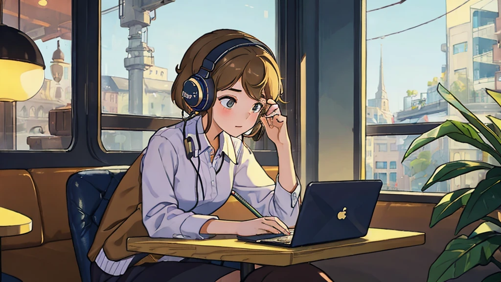 A girl working on her laptop while listening to jazz on headphones in a stylish cafe
