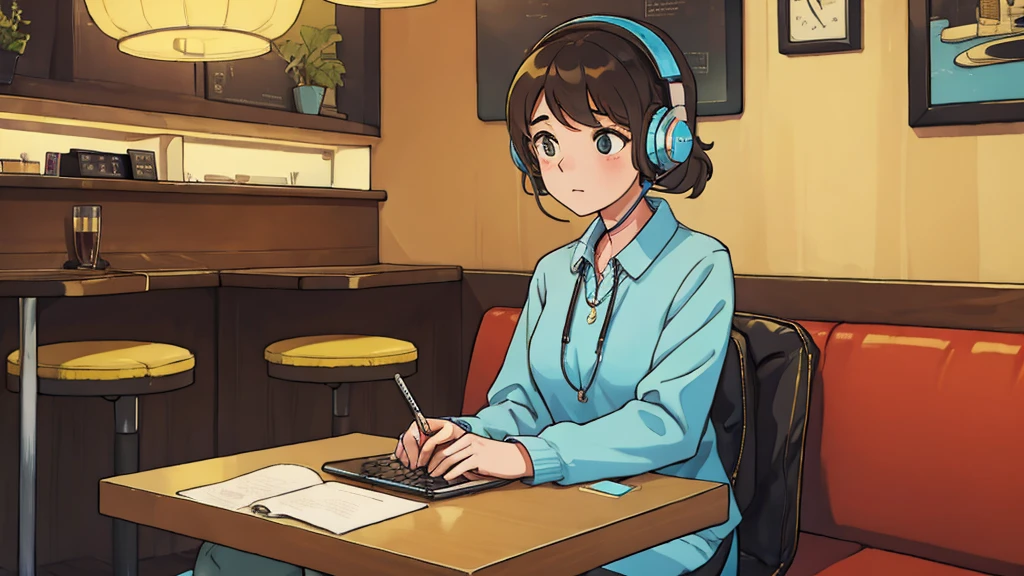 A girl working on her laptop while listening to jazz on headphones in a stylish cafe
