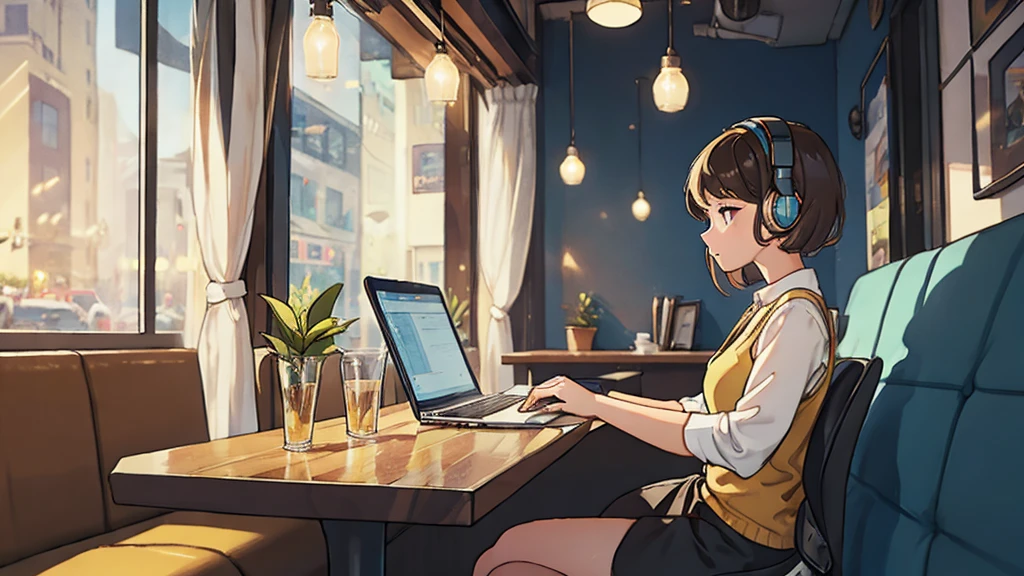 A girl working on her laptop while listening to jazz on headphones in a stylish cafe