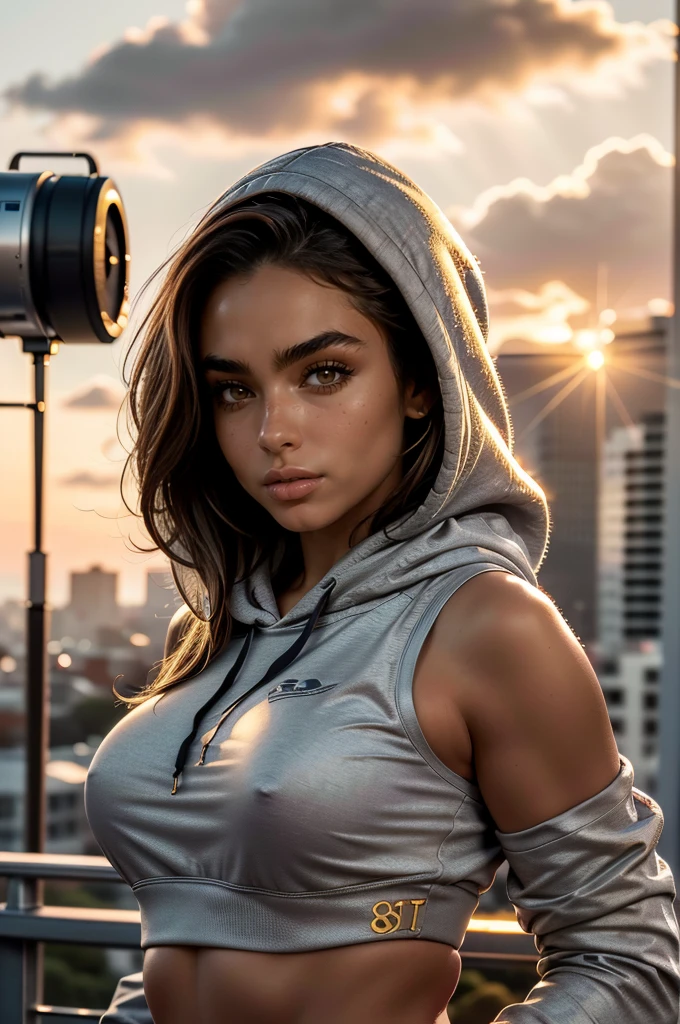 (photorealistic, 8k, hyperdetailed, highest quality, RAW), fashion photography, portrait, closeup, 1girl, pretty, cute face, most beautiful in the world, detailed eyes, long dark hair, large sagging breasts, wearing grey hoodie, sports bra:1.2, intricate details, San Francisco background, sunkissed, sfw:1.5, bokeh, golden hour, sunset, beautiful clouds,