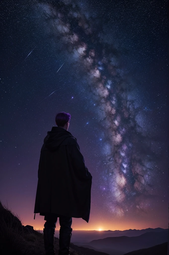 *The picture of Jack on the cliff shows him gazing out into the dark purple sky, the stars have been carefully painted to resemble those in Van Gogh's The Starry Night, artstation, full body view, painting and smooth lighting*