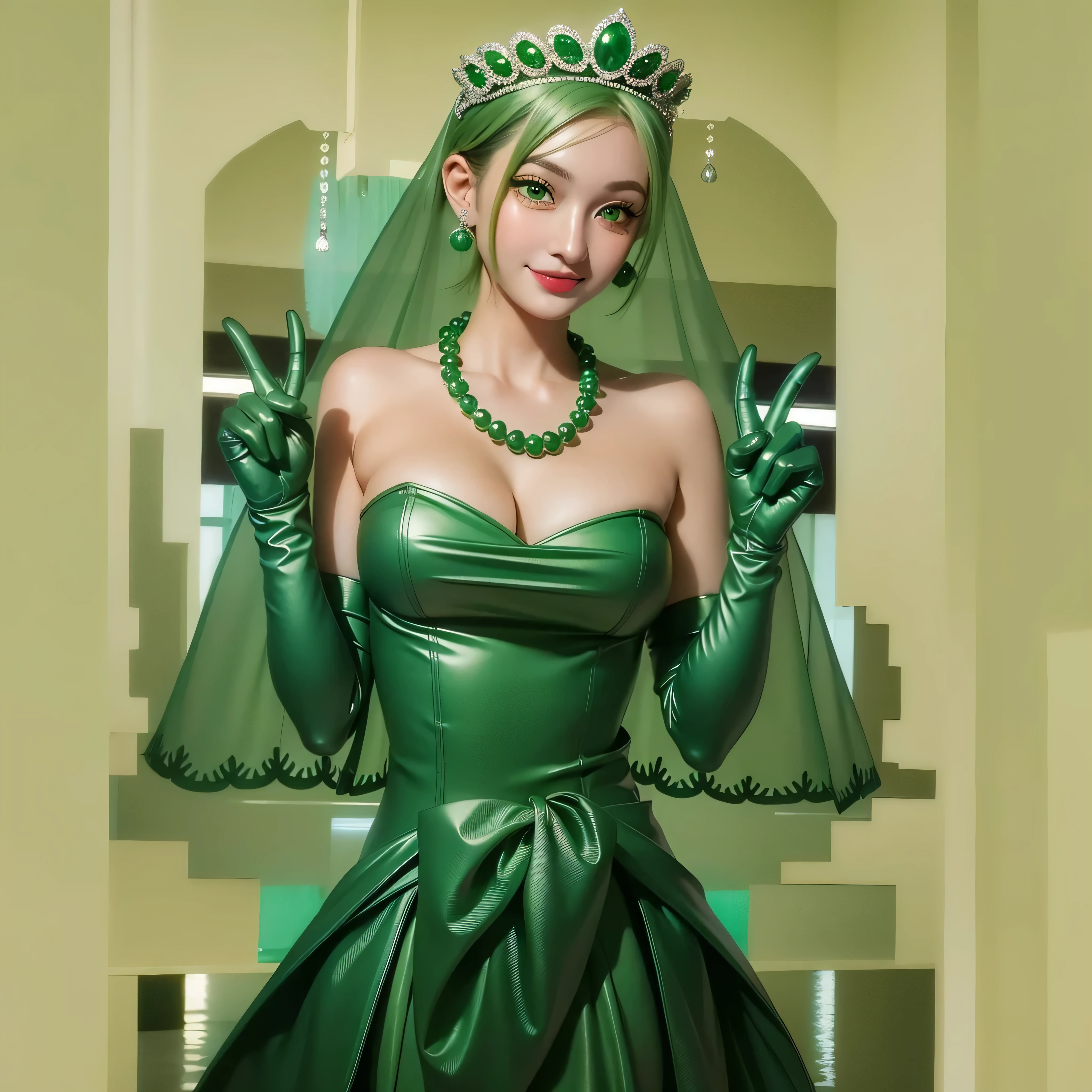 Emerald tiara, Green Pearl Necklace, Boyish very short green hair, Green Lips, Smiling Japanese woman, Very short hair, Busty beautiful lady, Green Eyes, Green satin long gloves, Green Eyes, Emerald Earrings, Green veil, All, Green Hair, Beautiful Japanese Woman, green lip gloss