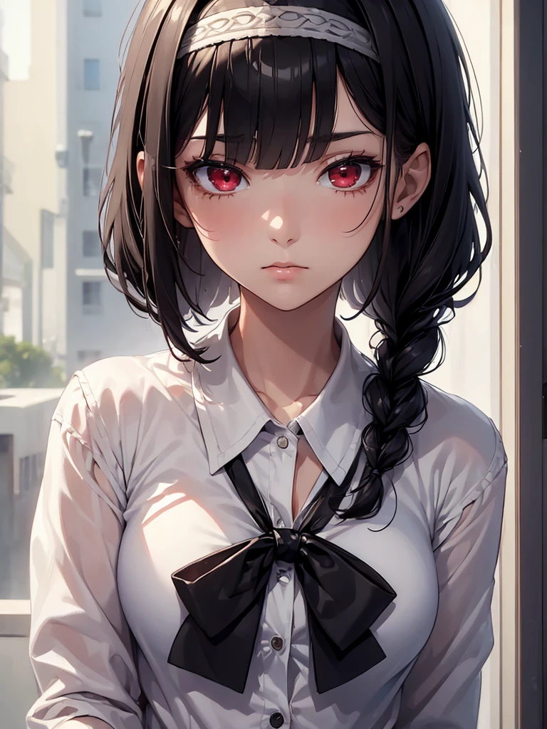 (masterpiece, best quality:1.4), 8k, Really Close Up,, Black bob cut with blunt bangs and a French-braid styled headband , Young adult, anime girl, Emotionless, Kuudere, light Red Eyes, Medium chest, White cardigan, Uniform, at Campus, (detailed eyes and face, sharp pupils, realistic pupils:0.6)