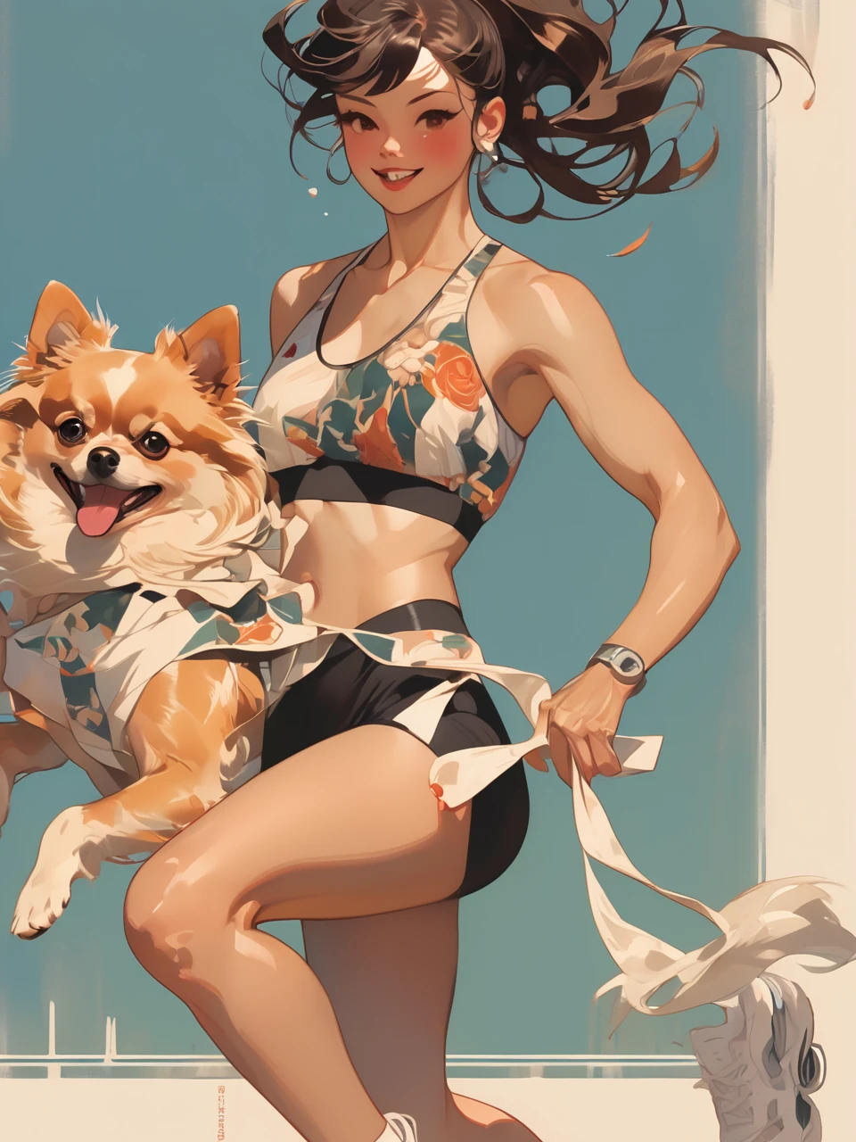 Full body, athlete in sport bra running with a Pomeranian. Style by J.C. Leyendecker. 