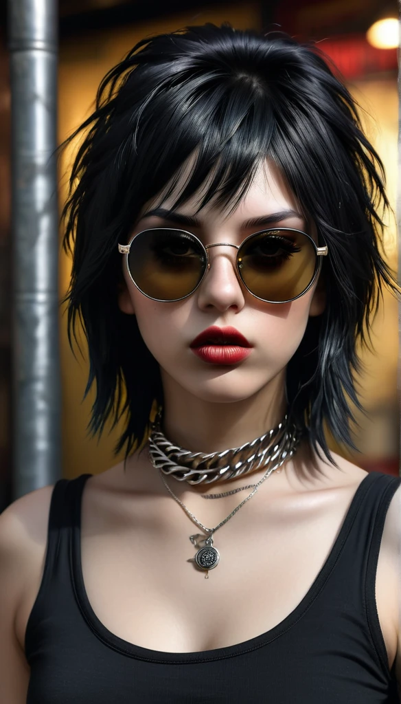 (best quality,4 k,8 k,higher ,masterpiece:1.2),ultra-detailed,(realistic,photorealistic,photo-realistic:1.37), punk girl thug style ultra realistic, Raw photo Realistic, black hair layered haircuts punk style, black sunglasses chain locket dark room realistic light ultra detailed description cool face expression, delicate nose,long eyelashes, delicate lips ultra realistic, highly detailed HD wallpaper top Quality 