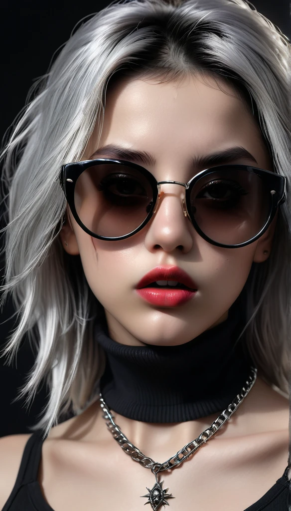(best quality,4 k,8 k,higher ,masterpiece:1.2),ultra-detailed,(realistic,photorealistic,photo-realistic:1.37), punk girl thug style ultra realistic, Raw photo Realistic, black hair layered haircuts punk style, black sunglasses chain locket dark room realistic light ultra detailed description cool face expression, delicate nose,long eyelashes, delicate lips ultra realistic, highly detailed HD wallpaper top Quality