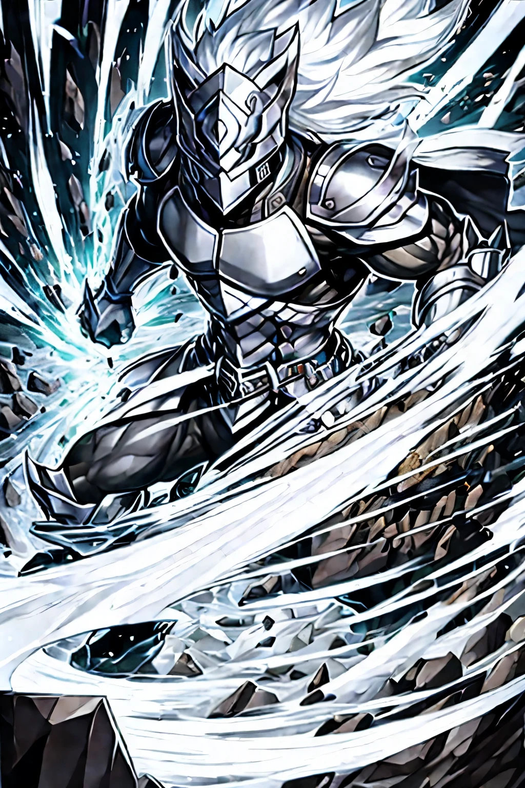 Silver male masked warrior overflowing rock power