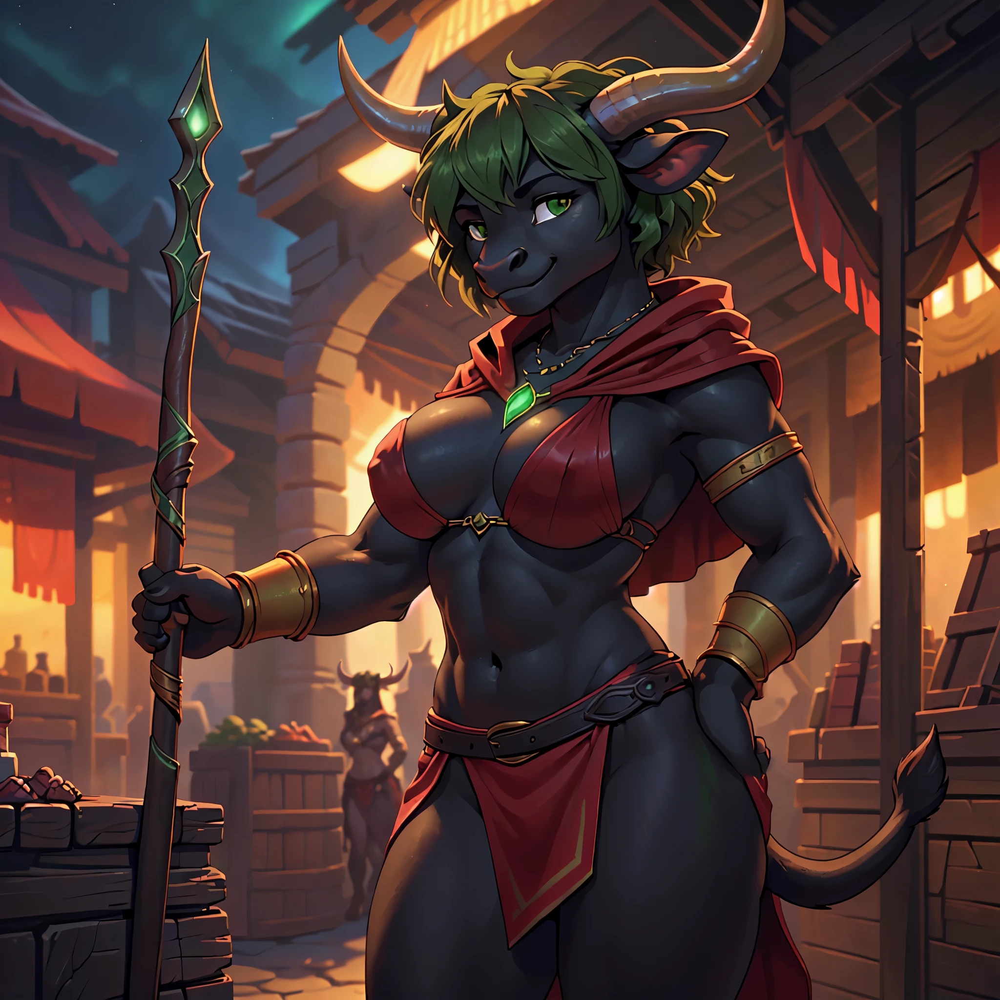 (((sfw, covered breasts))), masterpiece, top quality, best quality, highly detailed, 8k, super high resolution, absurdres, perfect anatomy, ((solo focus, three-quarter view, depth of field)), line of action, (((furry all black female anthro minotaur, all black body))), (adult), (minotaur snout, bovine tail), ((beautiful green eyes)), ((dark green hair)), ((curly hairstyle)), ((large breasts, toned legs, slim figure, exposed midriff)), (((magicstaff))), ((red cloak, red loincloth, leather bracers, belts, glowing green necklace)), ((smile, posing)), ((fantasy trading post, cinematic lighting))