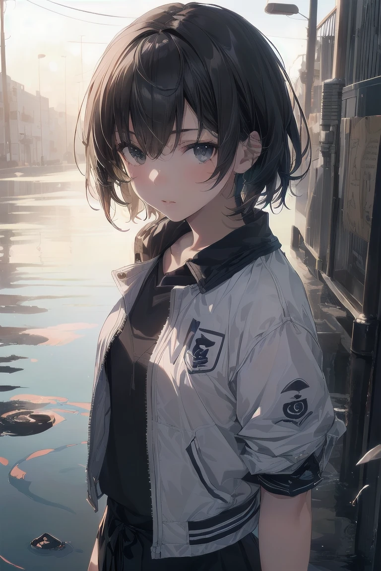 ((Double exposure image, Highest quality, Shinkai Makoto style,Very detailed,High resolution,Very detailedCG,unity 8k wallpaper, By famous artists, Perfect Anatomy, Very detailed肌, Cinema Lighting, 超High resolution, retina, Anatomically correct, 1080P)),break,(Combine a girl and a puddle to create a double exposure.
:1.3),break, One girl, (alone, face,13 years old:1.5),, The charm of androgyny, (Very short hair), Complete limbs, Full Finger,Flat Chest, Small Ass, between legs, Beautiful and exquisite black eyes, Disgusted Eyes, , skirt,(Detailed lighting), (Detailed Background),