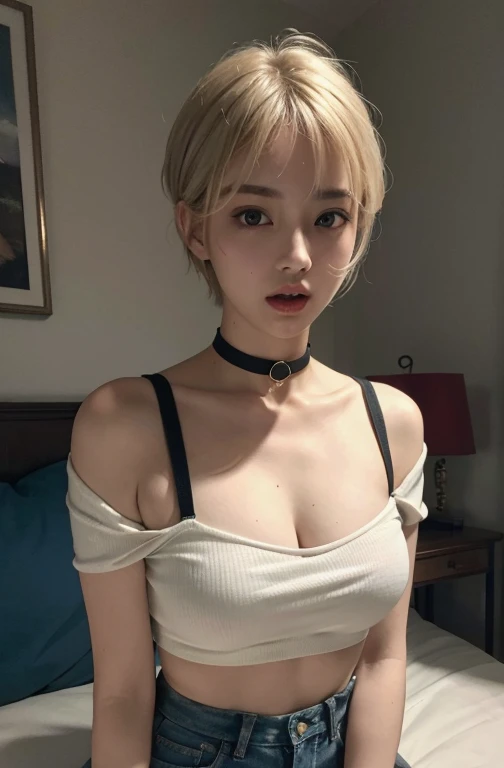 Prompt Words:
(Highest quality, 8k, High resolution, masterpiece:1.2), Stunningly detailed, (Photo-Realistic:1.37), Japanese, Dull blonde pixie cut woman, One Girl, Sexy, (Black choker:1.0), Confidently showcasing her ample assets (2.0) with a white tube top, perfectly complemented by denim pants. Her face, captured in a close-up shot, resonates an intense pleasure, elegantly depicted through an orgasm facial expression. The entire image is meticulously focused, ensuring each detail is rendered flawlessly.
