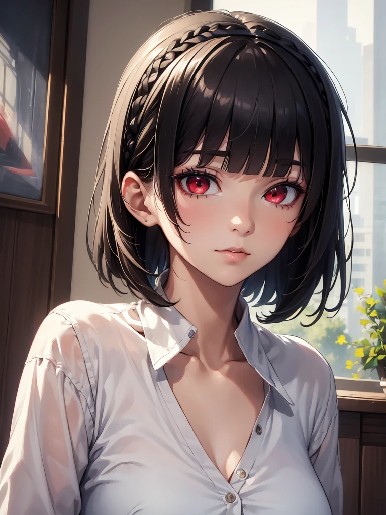 (masterpiece, best quality:1.4), 8k, Really Close Up, Black bob cut with blunt bangs and a French-braid styled headband , Young adult, anime girl, Emotionless, Kuudere, light Red Eyes, Medium chest, White cardigan, Uniform, at Campus, (detailed eyes and face, sharp pupils, realistic pupils:0.6)