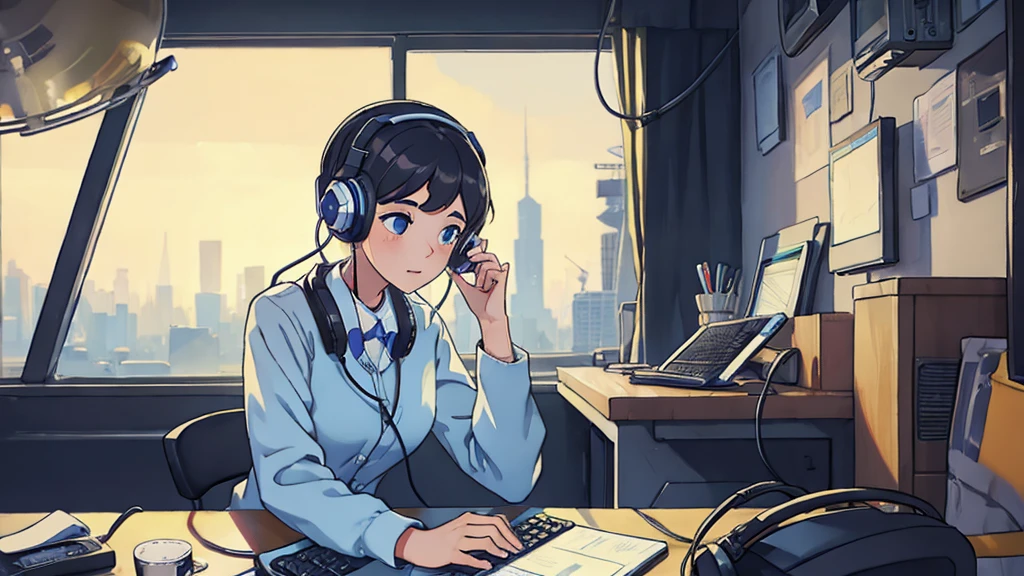 Girl working on computer while listening to jazz music on headphones