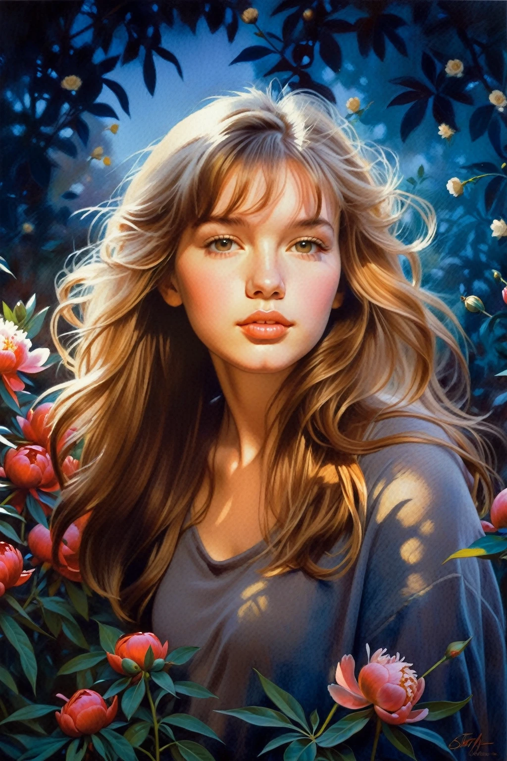 attractive young girl with peonies ((Steve Hanks style)), ((oil painting)), Bright color, ((tmasterpiece)), Impression, Extreme Detail, perspective, 8k