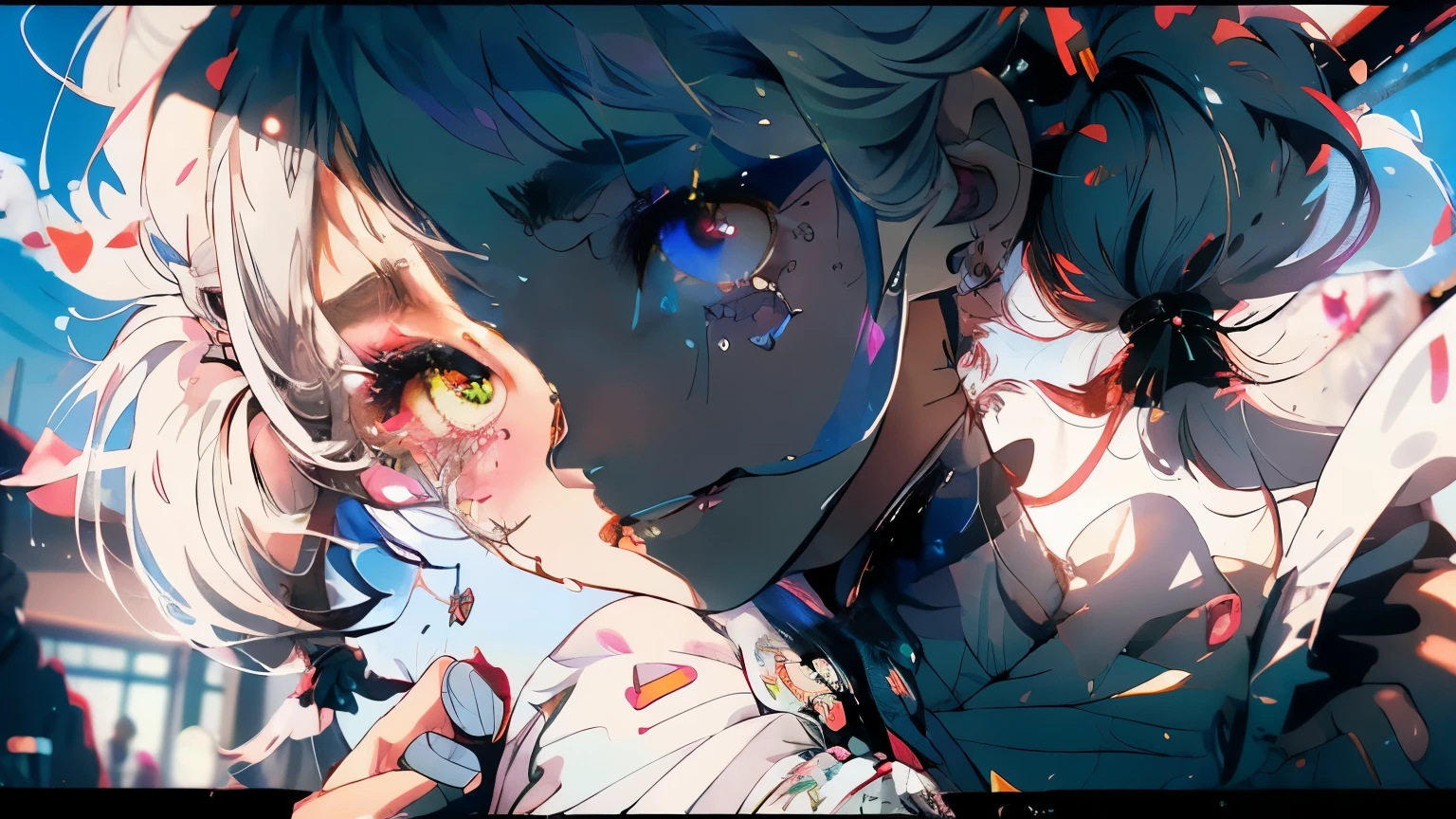 hair bobbles, wince, long eyelashes, solid circle eyes, light smile, ear blush, fang, (((white hair))), makeup, blush, sad, sad smile, anaglyph, atmospheric perspective, 8k, super detail, accurate, best quality, glow lighting, masterpiece,1girll, ((((short twintails)))), Colorful hair, flying, pink bows,((16-year-old female model)), (angel halo) , (((close-up))), eye level shot, (((lolita dress))), (((wide shot))), ((((( color splash ))))),(((solo))))