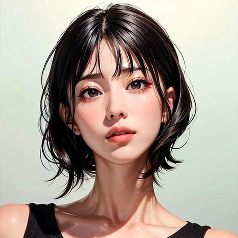 Beautiful girl with short hair with straight front bangs covering her forehead to her eyebrows, hair styles Yor Forger