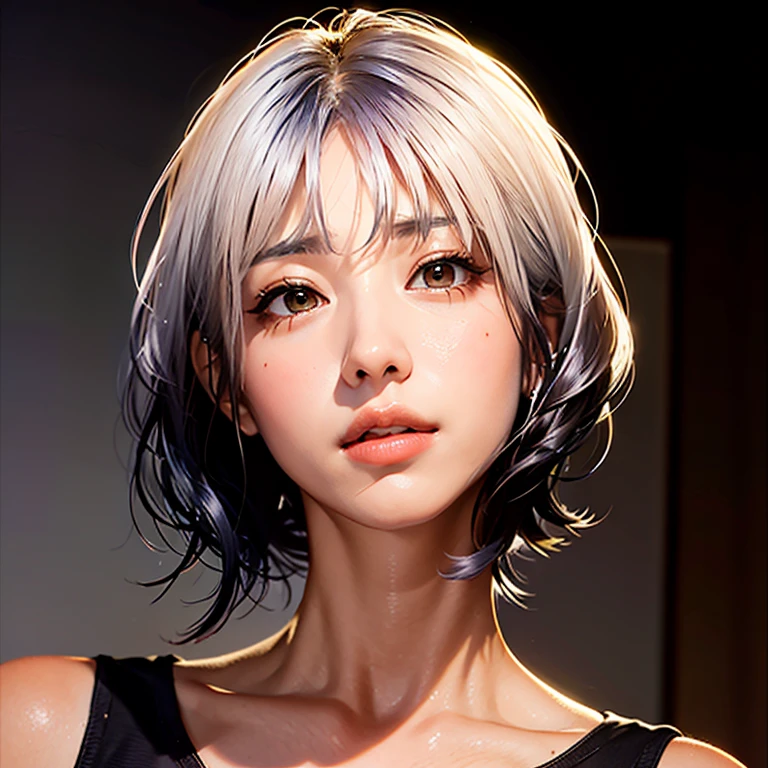 Beautiful girl with short hair with straight front bangs covering her forehead to her eyebrows, hair styles Yor Forger