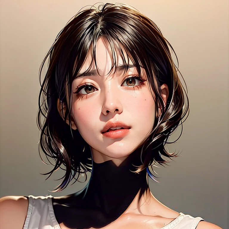 Beautiful girl with short hair with straight front bangs covering her forehead to her eyebrows, hair styles Yor Forger