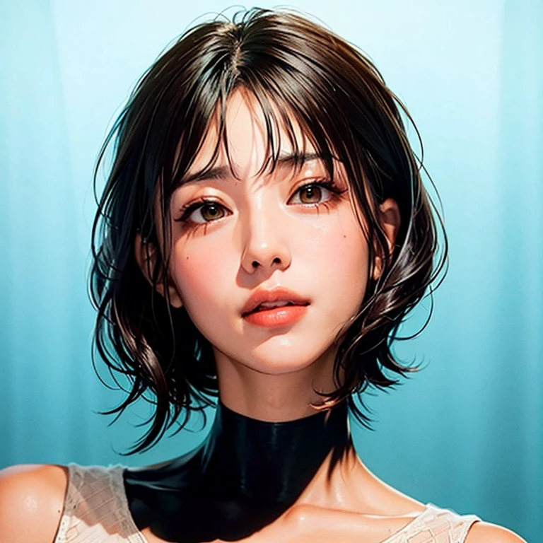 Beautiful girl with short hair with straight front bangs covering her forehead to her eyebrows, hair styles Yor Forger