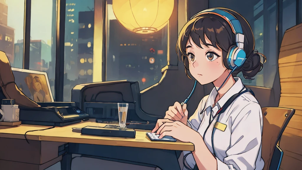 Girl working while listening to jazz music on headphones