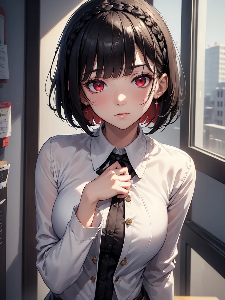 (masterpiece, best quality:1.4), 8k, Really Close Up, Black bob cut with blunt bangs and a French-braid styled headband , Young adult, anime girl, Emotionless, Kuudere, light Red Eyes, Medium chest, White Uniform, Black Coat Cardigan,  at Campus, (detailed eyes and face, sharp pupils, realistic pupils:0.6)