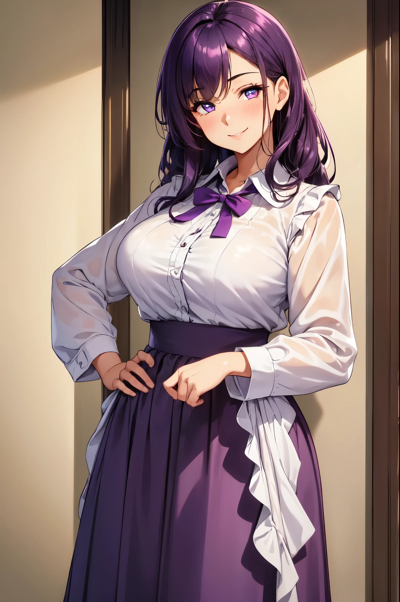 (High quality, High resolution, Fine details), Wall Background, ruffle shirt, long skirt, standing, Both hands on hips, Tilt head, solo, curvy adult women, dark purple hair, sparkling eyes, (Detailed eyes:1.2), smile, blush, Sweat, Oily skin, natural lighting, warm color tones, Soft tones, shallow depth of field