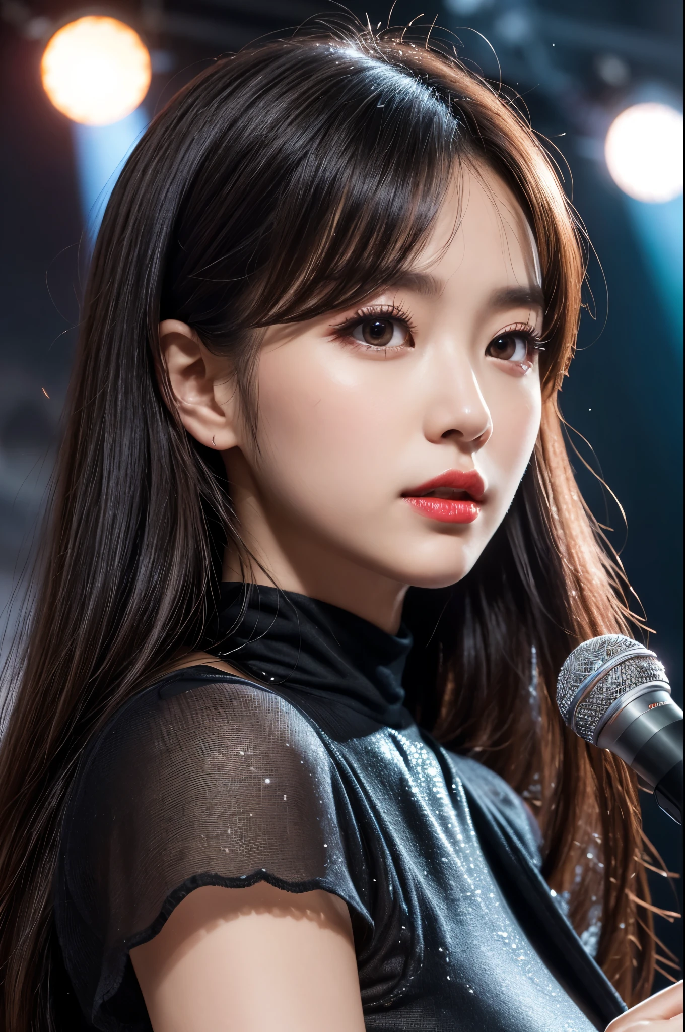 (8k, Ultra-high resolution, The best masterpiece, best quality:1.2), Very detailed, Complete Solution, (actual, actual photo: 1.37), portrait, Half Body, focus on eyes, HD RAW photos, career arrest, High quality and beautiful, 超高清 8k 影像照片, Volumetric lighting, Soft Light, confess, Professional photography, Very detailed的美麗女孩, Super delicate face shape, Contoured eyes, (Very detailed eyes), Precisely shaped nose, expressive lips, Delicate skin, (HD Skin:1.2), Neatly contoured fingers, Every feature is carefully displayed, (25:1.2), Twenty generations, cute girl, Beautiful mature lady, solo, k-pop artist, (Sing:1.2) (dynamic posing:1.2), (Stylish clothing), shiny decoration, top idol, Dynamic long hair, sparkling amber eyes, red lips, Eye makeup, Big breasts, (Hold the microphone), one hand raised, (music stage) Indoors, large concert, Spotlights of various colors, (audience:1.2), perfect anatomy, Detailed background, HD background without blur, particle, actual, stunning details, 8k Ultra HD, high quality, CG unity, C4D Rendering, 3D Rendering