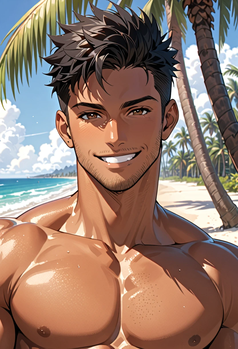 Excellent quality, Brown shoulder-length haired lean muscular male at beach, shirtless, defined abs, defined pectorals, black and blue men's bike shorts, holding beach ball, happy