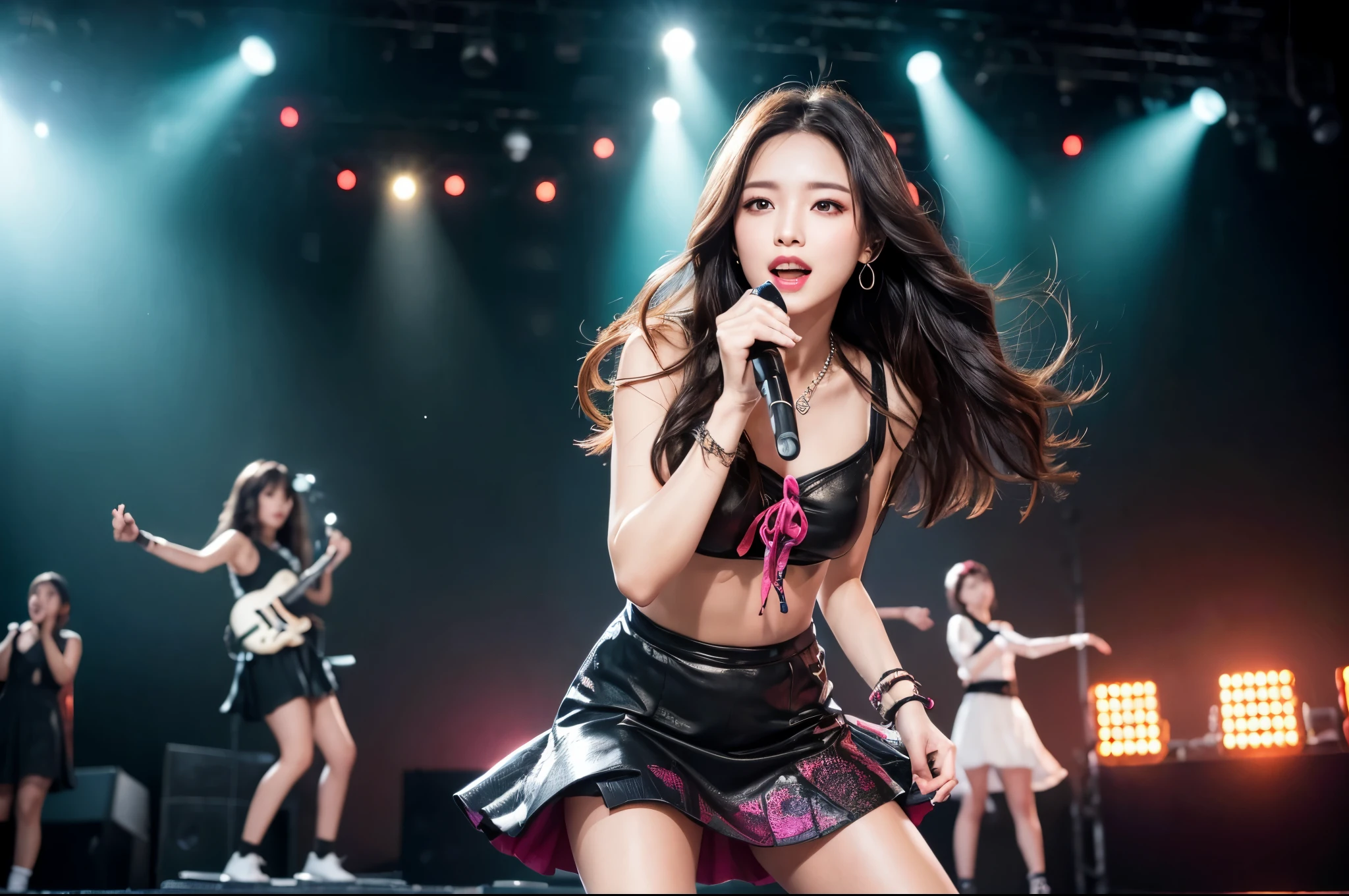 (8k, Ultra-high resolution, The best masterpiece, best quality:1.2), Very detailed, Complete Solution, (actual, actual photo: 1.37), whole body, side, focus on eyes, HD RAW photos, career arrest, High quality and beautiful, 超高清 8k 影像照片, Volumetric lighting, Soft Light, confess, Professional photography, Very detailed的美麗女孩, Super delicate face shape, Contoured eyes, (Very detailed eyes), Precisely shaped nose, expressive lips, Delicate skin, (HD Skin:1.2), Neatly contoured fingers, Every feature is carefully displayed, a story, (20:1.2), Twenty generations, cute girl, korean singing idol, (Sing:1.2), long hair, sparkling amber eyes, red lips, Heavy makeup, Colorful idol skirts, Vibrant look, Playful accessories, Glowing accessories, creative act, Imaginative, Sensual, spontaneous, (idol live performance, vibrant atmosphere), Dynamic light effects with bright colors, (neon lights:1.2), stage spotlight, Colored spotlight, swirl pattern, Dynamic lighting, large concert, (A group of energetic and enthusiastic fans and audience under the stage:1.4), Performances on a large stage, intricate details, perfect anatomy, Detailed background, HD background without blur, actual, stunning details, 8k Ultra HD, high quality, CG unity, C4D Rendering, 3D Rendering,