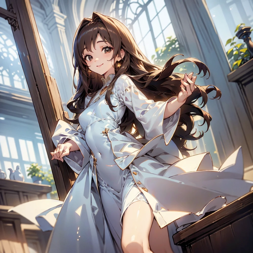 high resolution, looking at the audience, long hair, Solo, smile, brown hair, character design, long white dress , smileแย้ม , white girl at home , Fantasy 