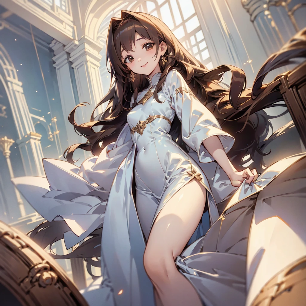 high resolution, looking at the audience, long hair, Solo, smile, brown hair, character design, long white dress , smileแย้ม , white girl at home , Fantasy 
