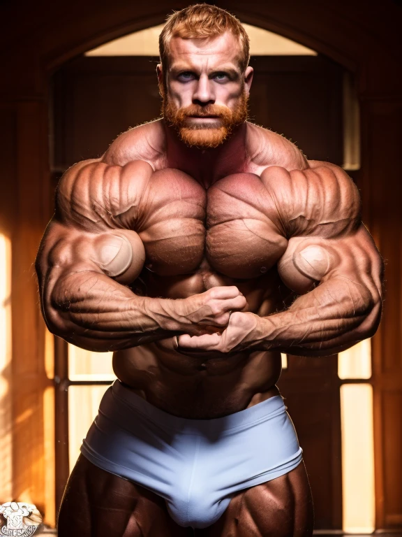 (ginger:1.3), Masterpiece, denoise, void noise, one man, best quality, 8k resolution, male focus, focus only, amazing composition, volumetric lighting, super quality, elegant, Very detailed, front view, -----------, muscular, (tan skin), ((((((Caucasian white man)))))), very handsome, (light-blue eyes), ((messy hair)), big ears, (hairy), scruffy beard, (((shirtless))), (((facing viewer))), extremely huge muscles, rippling chest