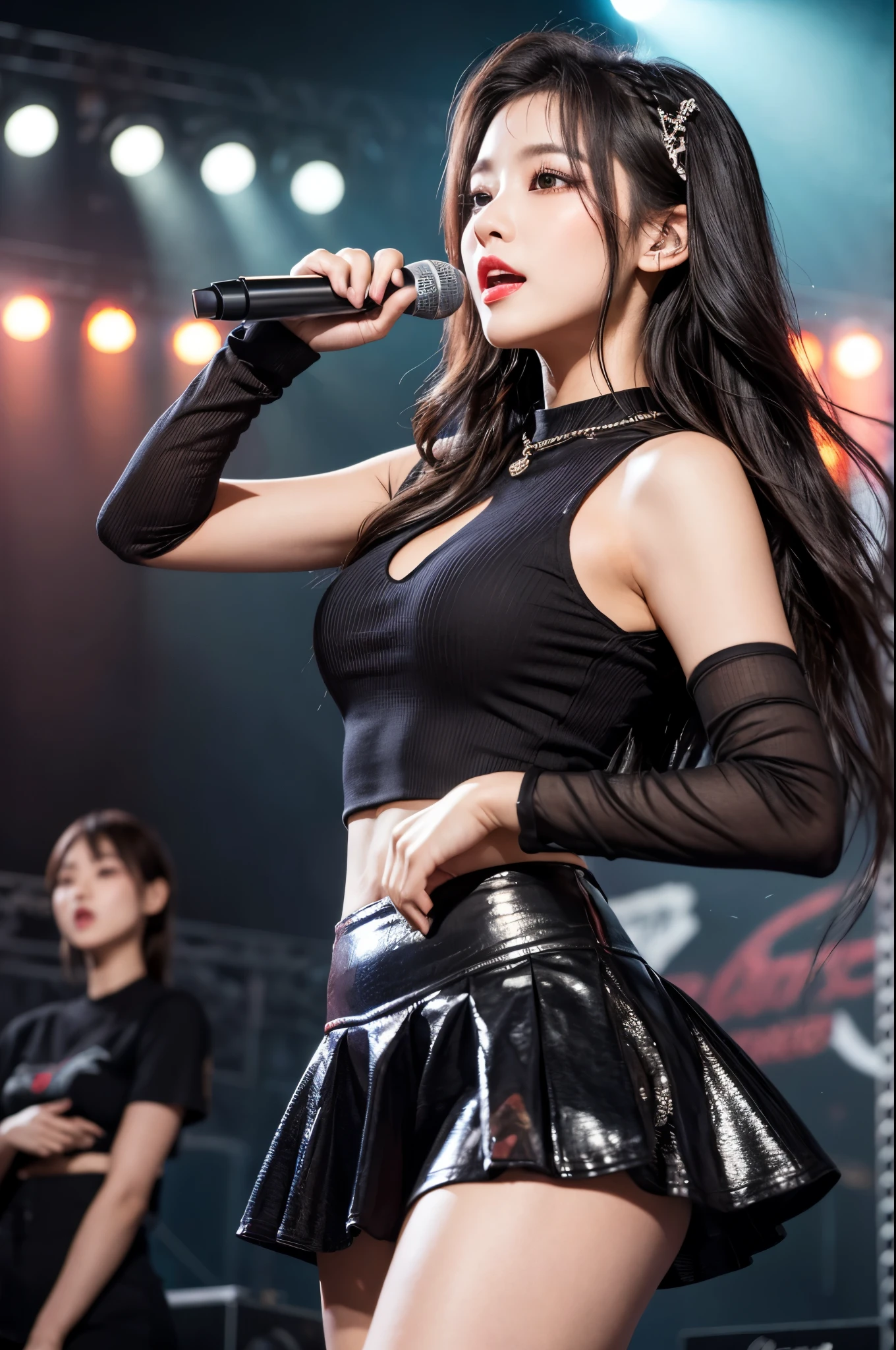 (8k, Ultra-high resolution, The best masterpiece, best quality:1.2), Very detailed, Complete Solution, (actual, actual photo: 1.37), portrait, whole body, side, focus on eyes, HD RAW photos, career arrest, High quality and beautiful, 超高清 8k 影像照片, Volumetric lighting, Soft Light, confess, Professional photography, Very detailed的美麗女孩, Super delicate face shape, Contoured eyes, (Very detailed eyes), Precisely shaped nose, expressive lips, Delicate skin, (HD Skin:1.2), Neatly contoured fingers, Every feature is carefully displayed, a story, (20:1.2), Twenty generations, cute girl, korean singing idol, (Sing:1.2), long hair, sparkling amber eyes, red lips, Heavy makeup, Colorful idol skirts, Vibrant look, Playful accessories, Glowing accessories, creative act, Imaginative, Sensual, spontaneous, powerful dance, (idol live performance, vibrant atmosphere), Dynamic light effects with bright colors, (neon lights:1.2), stage spotlight, Colored spotlight, swirl pattern, Dynamic lighting, large concert, (A group of energetic and enthusiastic fans and audience under the stage:1.4), Performances on a large stage, intricate details, perfect anatomy, Detailed background, HD background without blur, actual, stunning details, 8k Ultra HD, high quality, CG unity, C4D Rendering, 3D Rendering,
