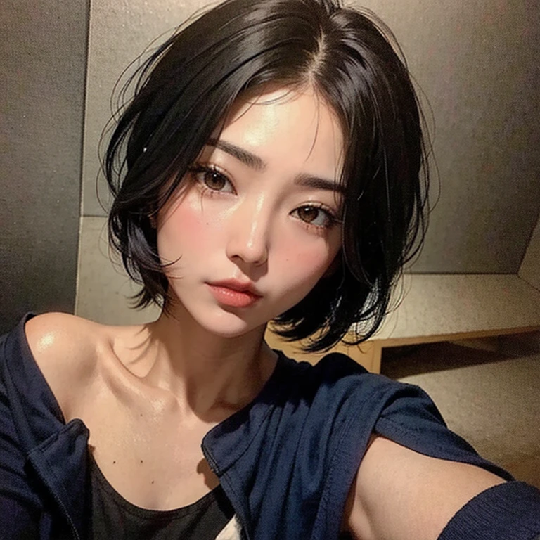 Beautiful girl with short hair with straight front bangs covering her forehead to her eyebrows, hair styles Yor Forger