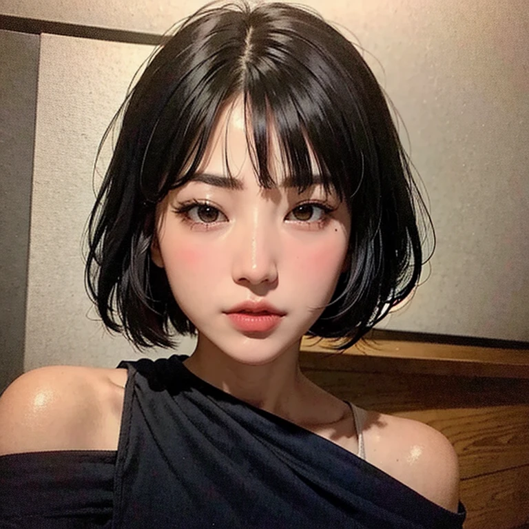 Beautiful girl with short hair with straight front bangs covering her forehead to her eyebrows, hair styles Yor Forger