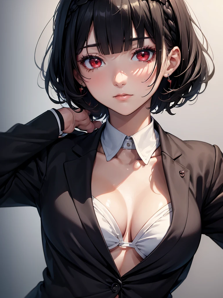 (masterpiece, best quality:1.4), 8k, Really Close Up, Black bob cut with blunt bangs and a French-braid styled headband, Young adult, anime girl, Emotionless, Kuudere, light Red Eyes, Medium chest, Academy Uniform, Black Coat Cardigan, at Campus, (detailed eyes and face, sharp pupils, realistic pupils:0.6)