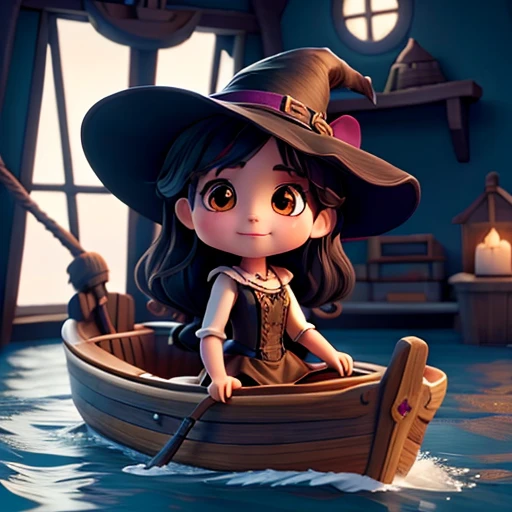 there is a beautiful witch on a boat on the high seas,art cg,witch cute,cute portrait,arte kawaii