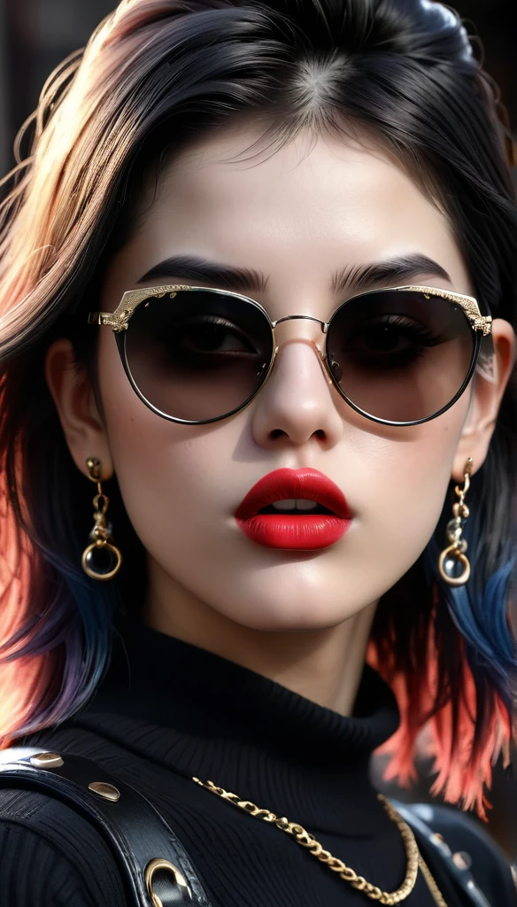 (best quality,4 k,8 k,higher ,masterpiece:1.2),ultra-detailed,(realistic,photorealistic,photo-realistic:1.37), punk girl thug style ultra realistic, Raw photo Realistic, black hair layered haircuts punk style, black sunglasses chain locket,big earring, smoking hot,dark room realistic light ultra detailed description cool face expression, delicate nose,long eyelashes, delicate lips ultra realistic, highly detailed HD wallpaper top Quality
