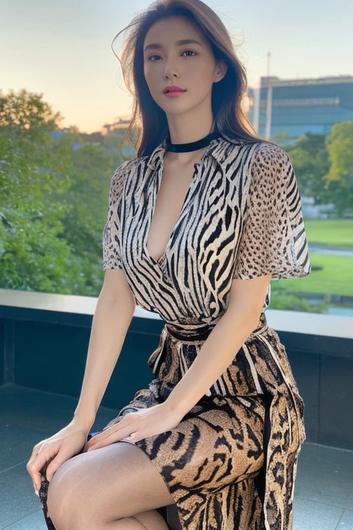 (Highest quality、Ultra-high resolution)、(Full Body Portrait)、(colored shirt with collar:1.1)、(Animal print long skirt:1.3)、((silk pantyhose))、High heels、(Sitting with legs crossed)、1 girl、(Large Breastodern architecture in the background、(((Perfect Anatomy, Perfect body, Perfect hands, Perfect Face, Perfect Eyes, Accurate, Anatomically correct))), Perfectly clear and sharp focus, Highest quality、Ultra-high resolution, masterpiece, Ultra-realistic、Professional Lighting