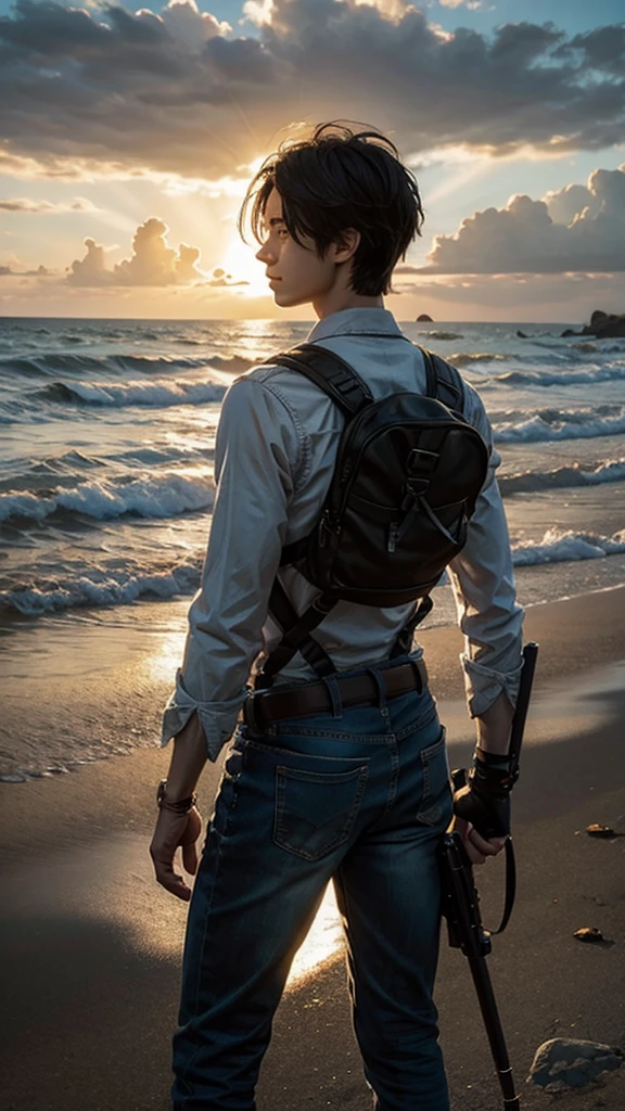 /imagine super detailed photography, high sharpness, cinematic , Eren Yeager with special clothes, Omni-directional mobility gear, looking at the horizon, light from behind the head