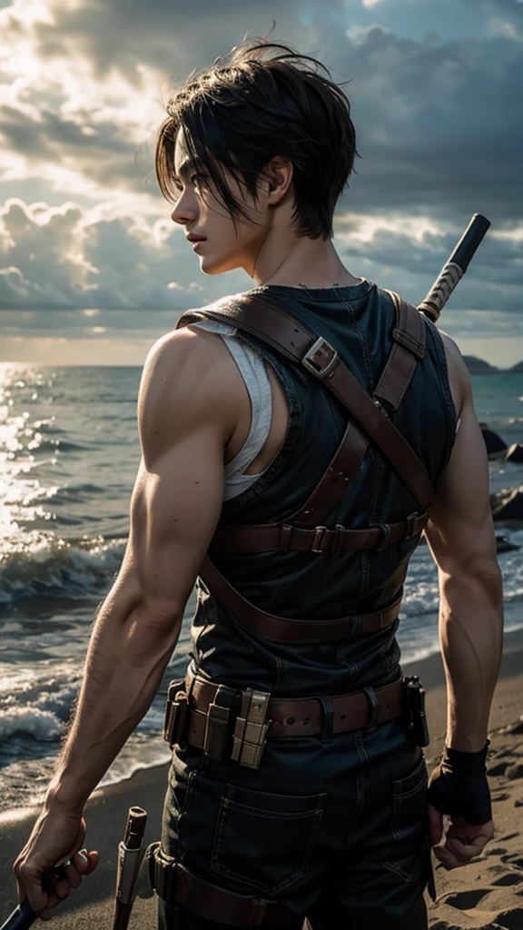 /imagine super detailed photography, high sharpness, cinematic , Eren Yeager with special clothes, Omni-directional mobility gear, looking at the horizon, light from behind the head
