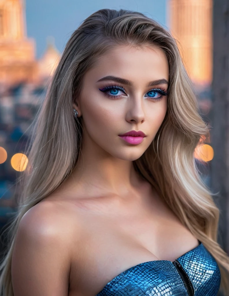 Realistic artwork of side light,dappled moonlight,blush, Mesmerizing beautiful faced girl,22yo gorgeous model , fashion show ,cyberpunk city,cityscape,looking at viewer,epic shapes, abstract, innovative, revolutionary, blue eyes, professional makeup, pink lipstick, eyeliner, eyelashes, very long dark shining hair, European Girl With Beautiful Mesmerizing face and a beautiful small nose 