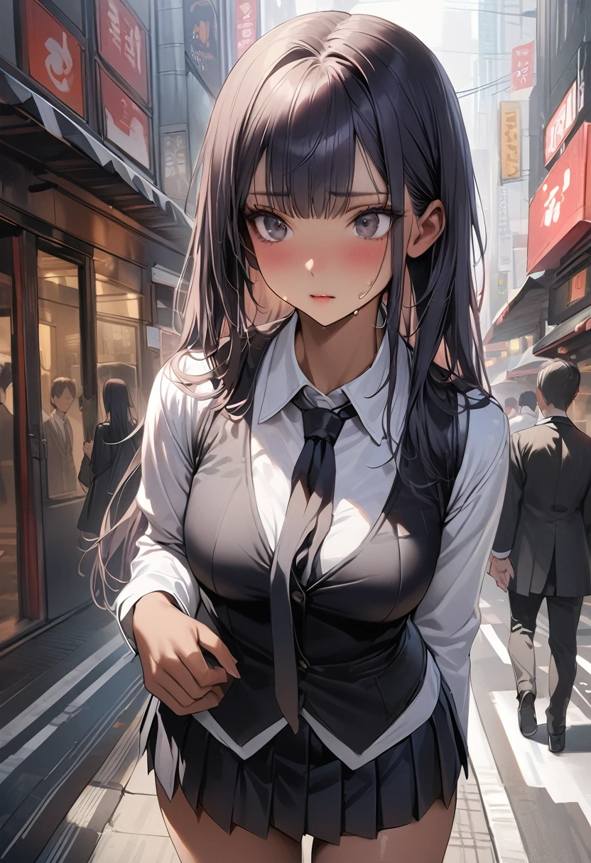 ((masterpiece,Highest quality:1.3,best quality illustration)),realistic,cowboy shot,1woman,(22 year old beauty),((very small head:1.4)),ideal ratio body proportions,dark blue hair,straight long hair,bangs,black eyes,gorgeous big eyes,shy、((tan skin,skinny)),(Black vest、Black tie、White collared shirt、Long sleeve、Black pleated mini skirt)),medium breasts,gleaming skin,slender body,sweat,walk,on street,Shinjuku、Tokyo、