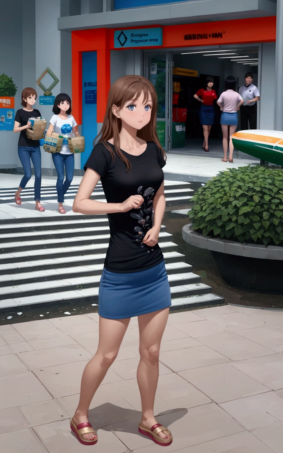 realistic anime of pretty young woman is getting out from department store, (brown long hair without bangs girl), (wearing black t-shirt, blue pencil mini skirt), (1girl, solo, full body), (masterpiece, best quality, expressive eyes, perfect face, japanese anime style)