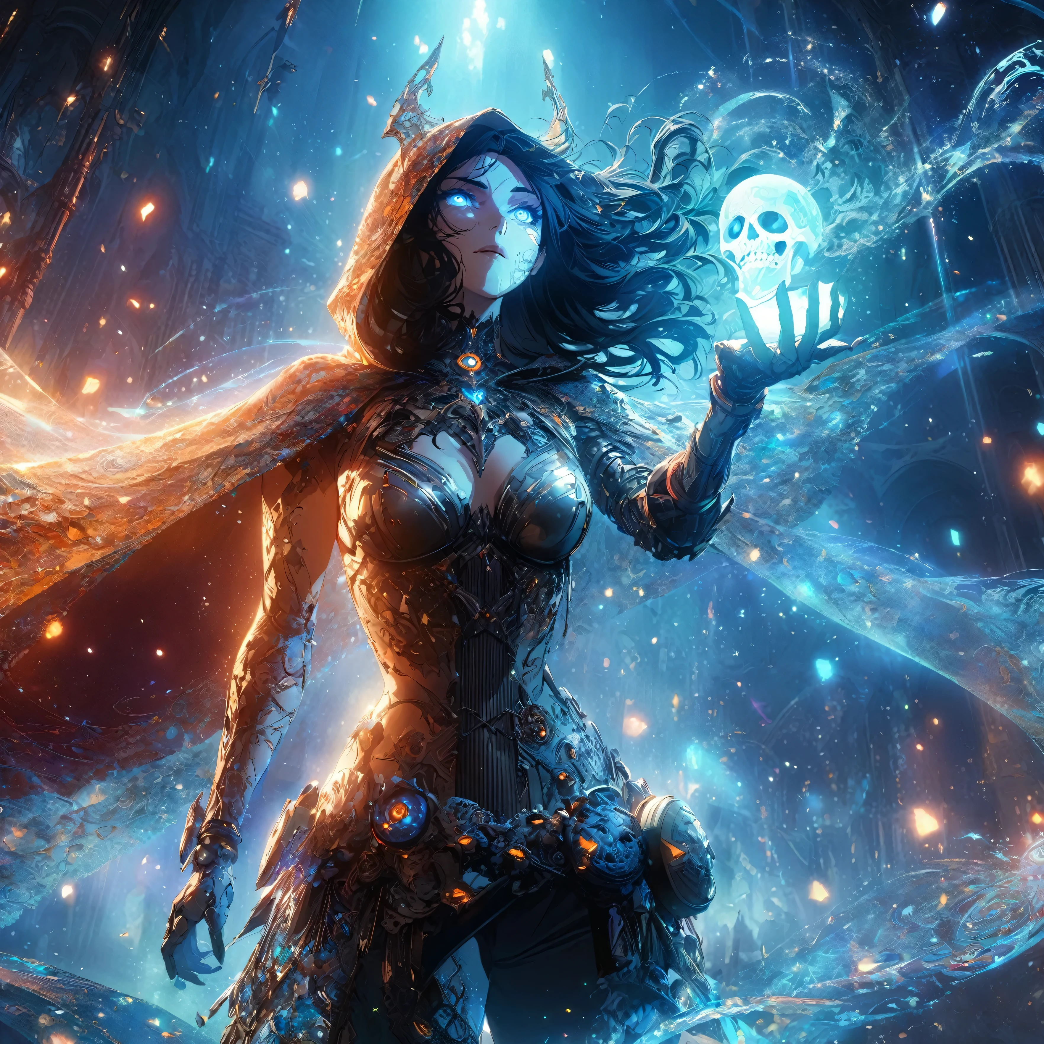 A girl that has glowing blue eyes, a skeletal face with intricate designs, long wavy black hair, a hooded cloak with glowing edges, (nude:0.8), metallic armor covering her torso, a corset-like design with circular patterns, glowing blue and orange lights embedded in her outfit, mechanical accessories around her waist, a confident stance with one arm raised, holding a small glowing skull, a mystical aura with swirling light effects, set in a dark, ethereal environment with floating particles, and an overall appearance of a futuristic sorceress, detailed gorgeous face| anime style| key visual| intricate detail| highly detailed| breathtaking| vibrant| panoramic| cinematic| Carne Griffiths| Conrad Roset| gibbli 8k.