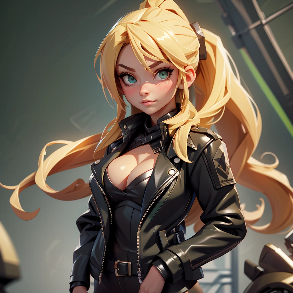 One girl, alone, face, Portraiture, Long Hair, ponytail, Blonde, Green Eyes, Large Breasts, (Black leather jacket:1.2) , Cleavage,  School, blush, Looking at the audience, 