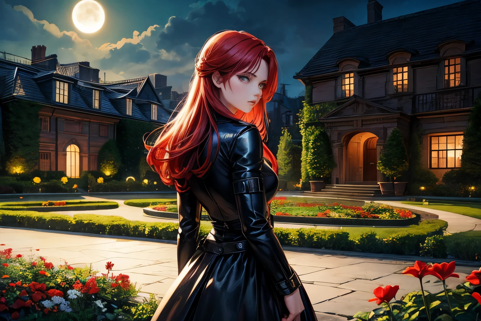 realistic, 1 girl, red hair, green eyes, black leather outfit, from behind, garden, flowers, mansion, night, moon